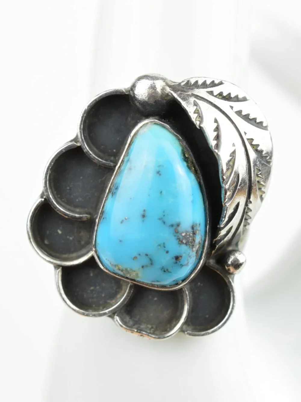 Vintage Navajo Kingman Turquoise Sterling Silver Shadowbox Feather Ring Size 8